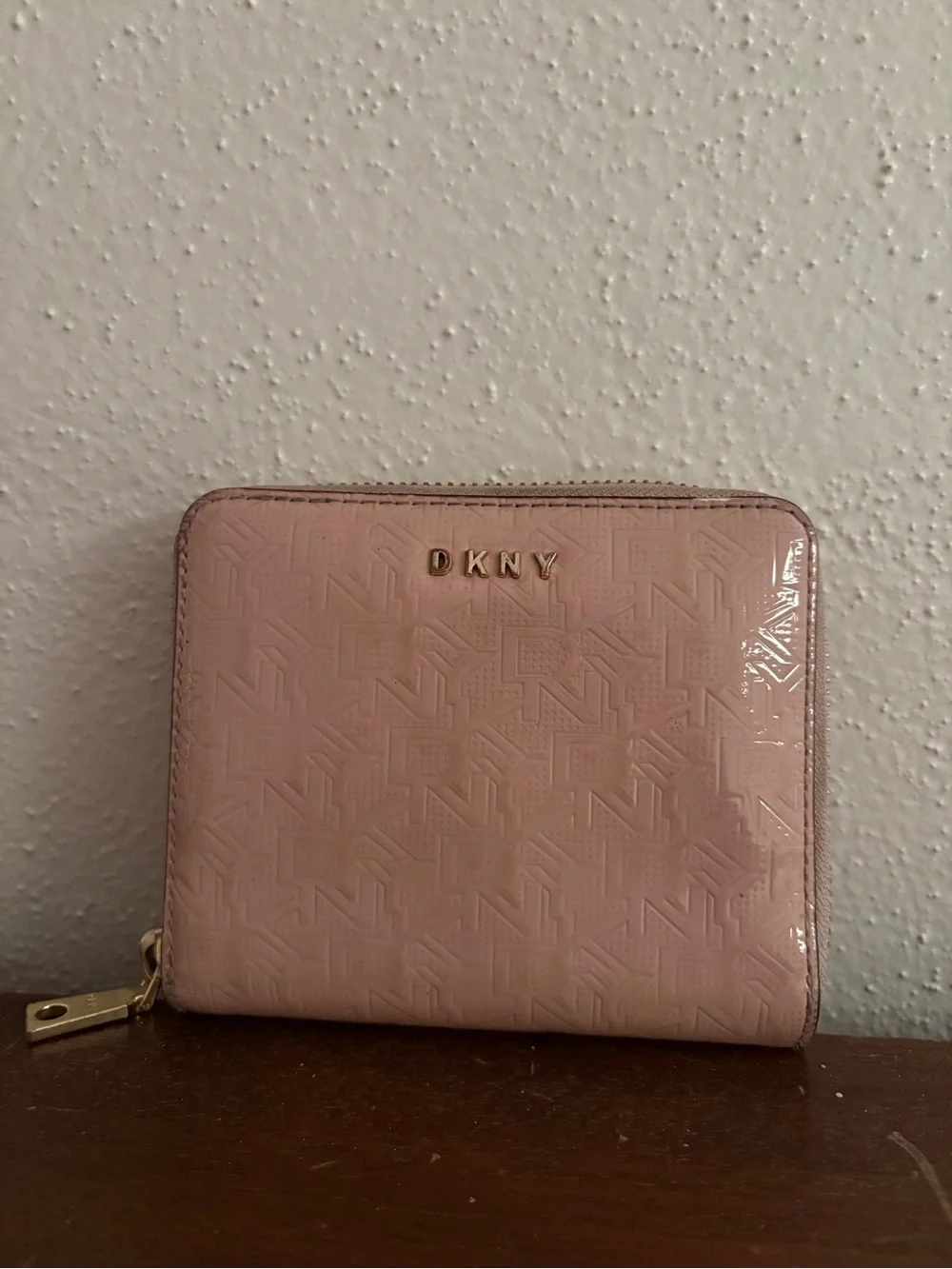 DKNY Blush Pink Patent Zip Around Wallet with Embossed Logo